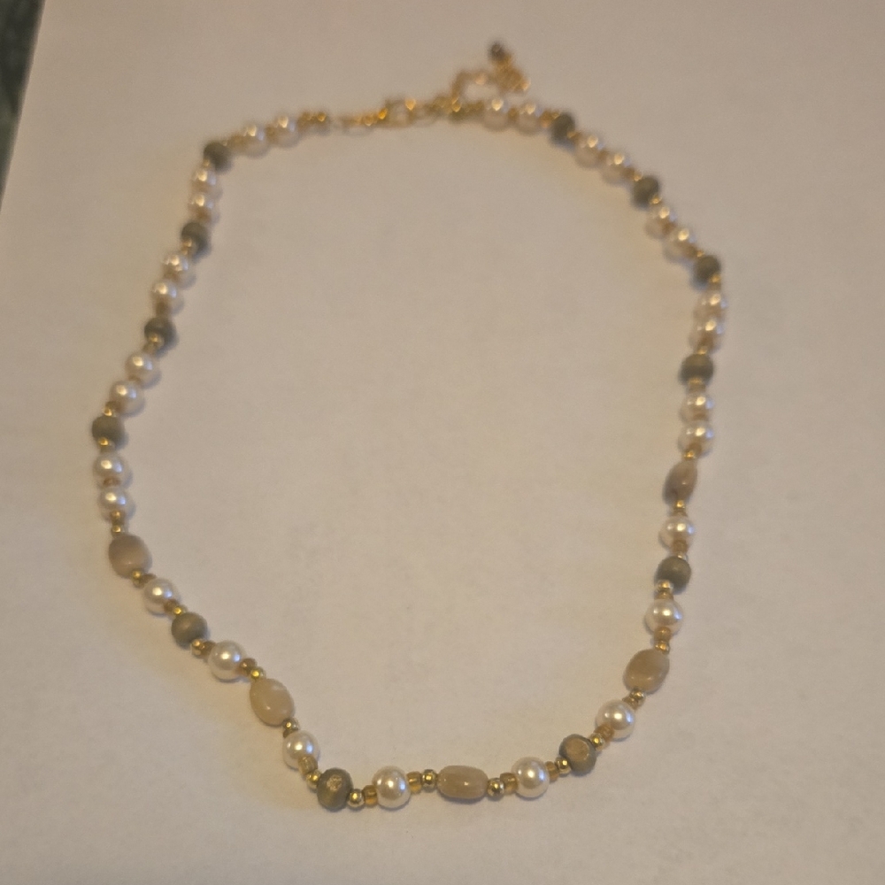Elegant Gold and Cream Pearl And  Bead Necklace